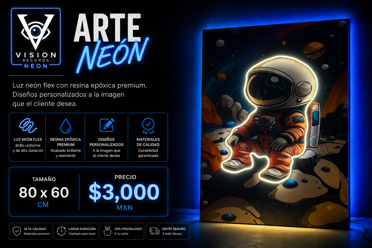 Cuadro Arte Neon Explorador cósmico en tono Azul