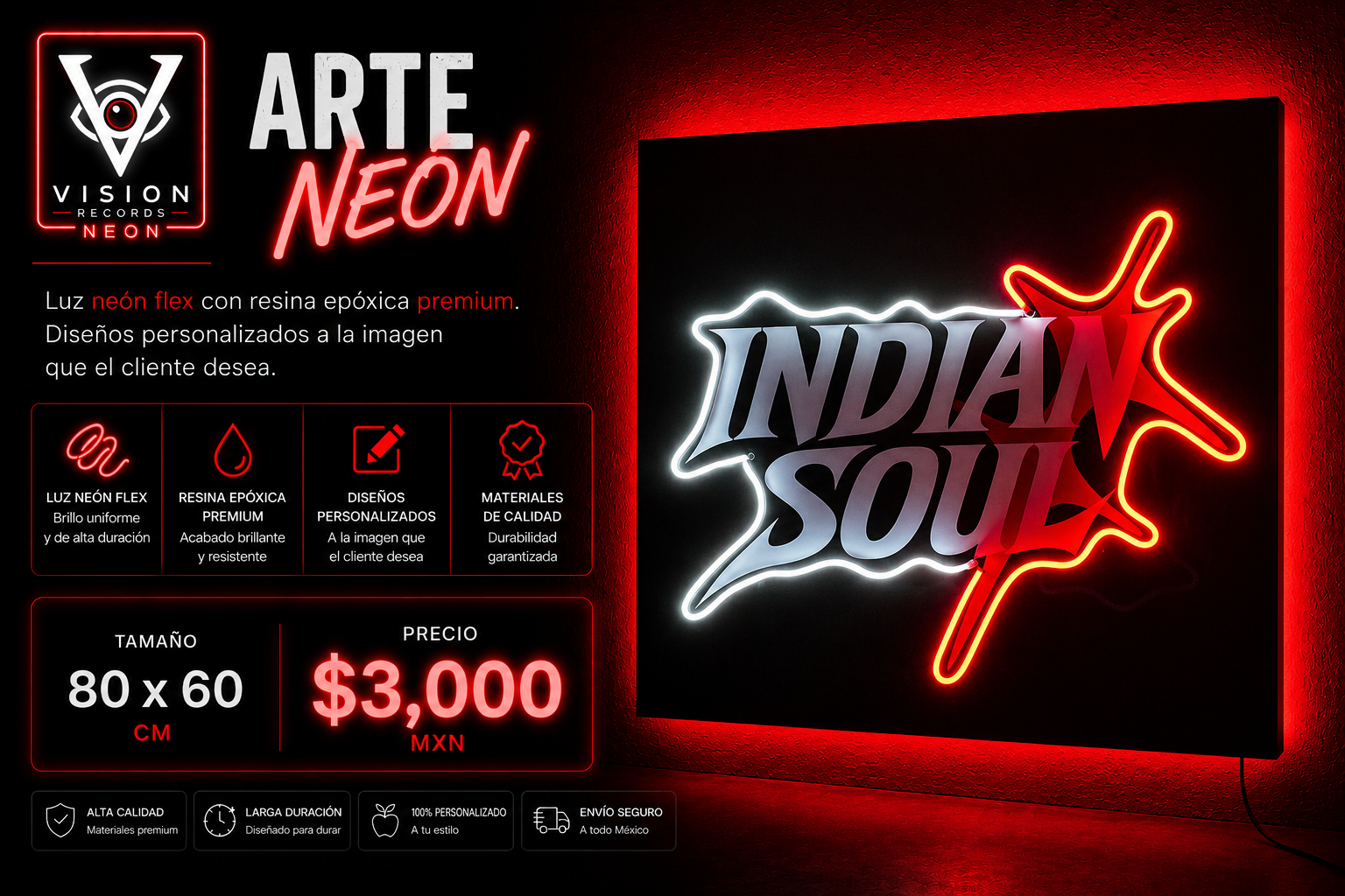 Cuadro Arte Neon Indian Soul en tono Rojo