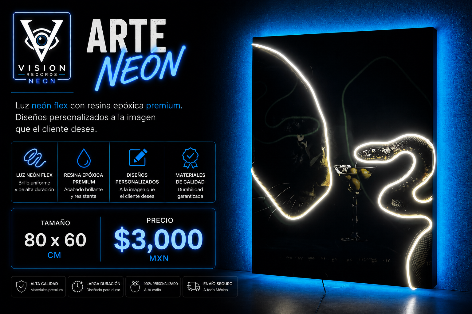 Cuadro Arte Neon Instinto nocturno en tono Azul
