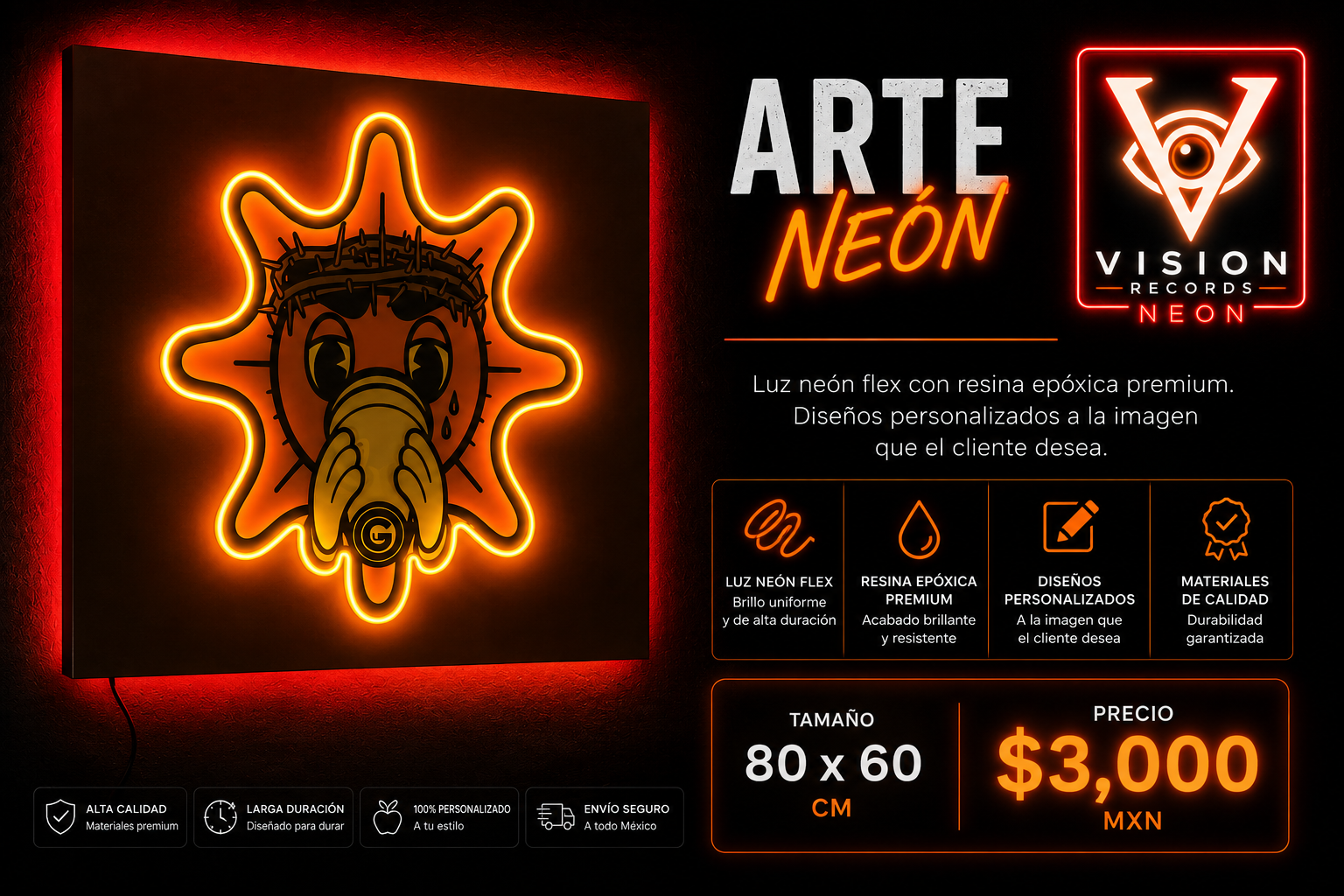 Cuadro Arte Neon Máscara urbana en tono Naranja