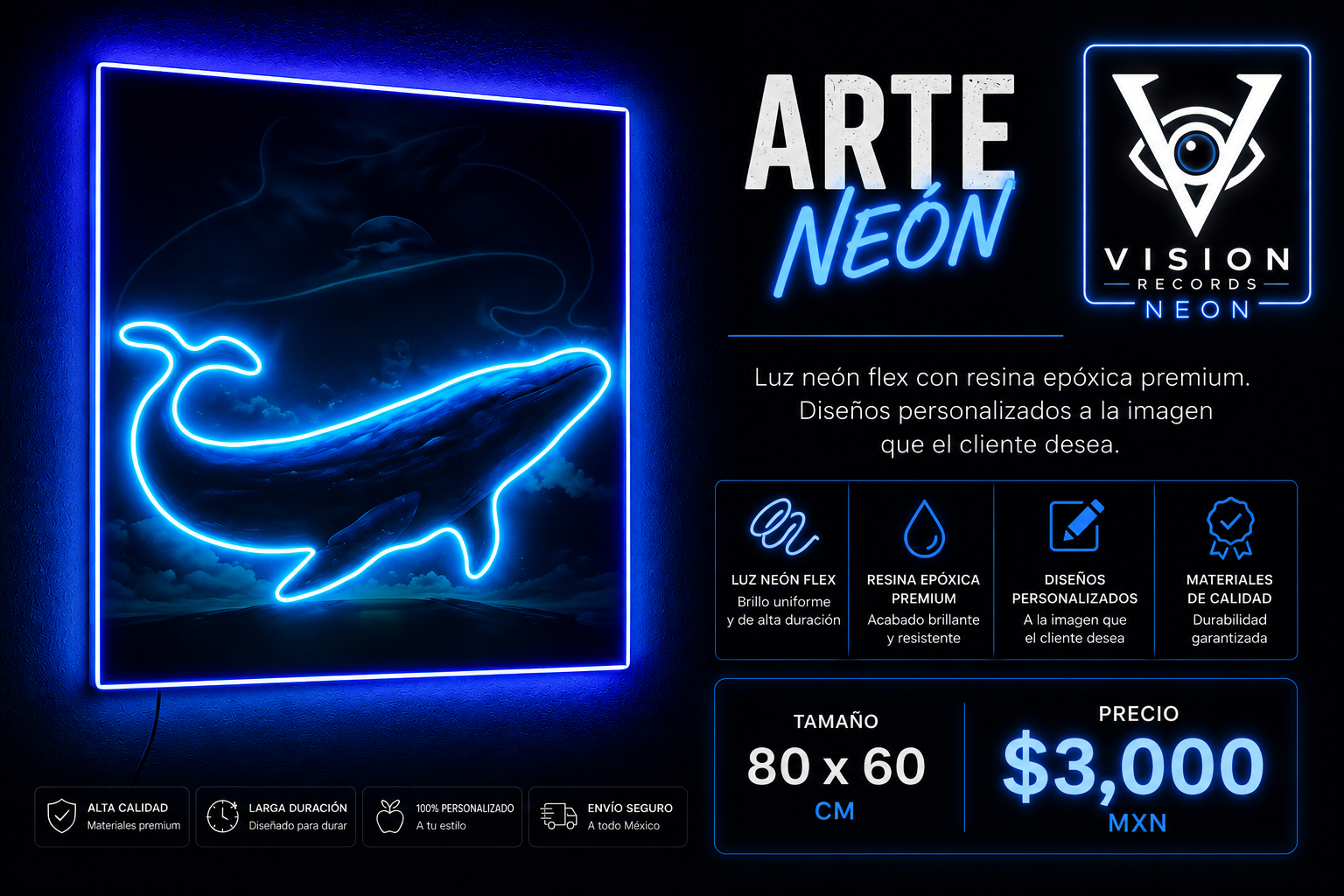 Cuadro Arte Neon Océano azul en tono Azul